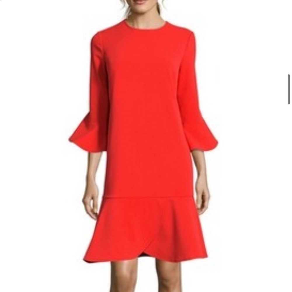 Eci Ruffle Bell Sleeve Shift Dress in coral red size 6. NWT